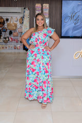 Pink Multi Floral One Shoulder Belted Maxi Dress