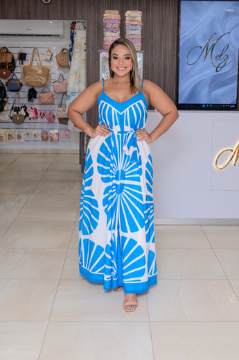 Blue/White Maxi Dress with Belt