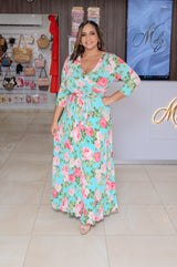 Aqua/Pink Floral Wrap Maxi Dress