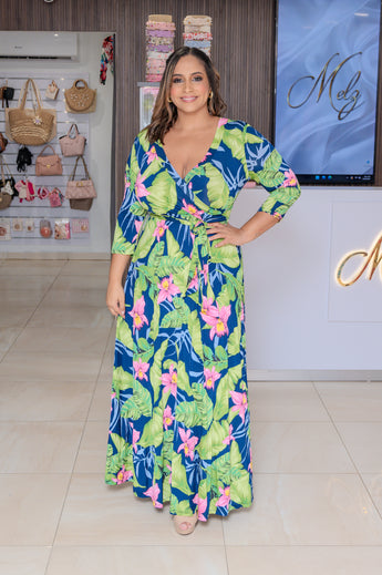 Navy Tropical Wrap Maxi Dress