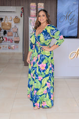 Navy Tropical Wrap Maxi Dress