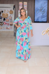 Aqua Leaf Wrap Maxi Dress