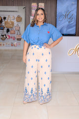 Denim Button Down Short Sleeve Blouse