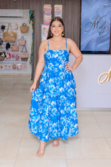 Blue Floral Midi Dress with Back Tie