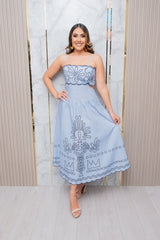 Light Blue Stretch Midi Dress with Navy Trim