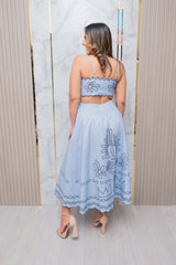 Light Blue Stretch Midi Dress with Navy Trim