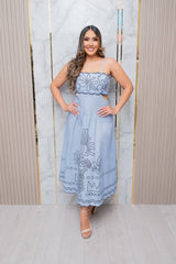 Light Blue Stretch Midi Dress with Navy Trim
