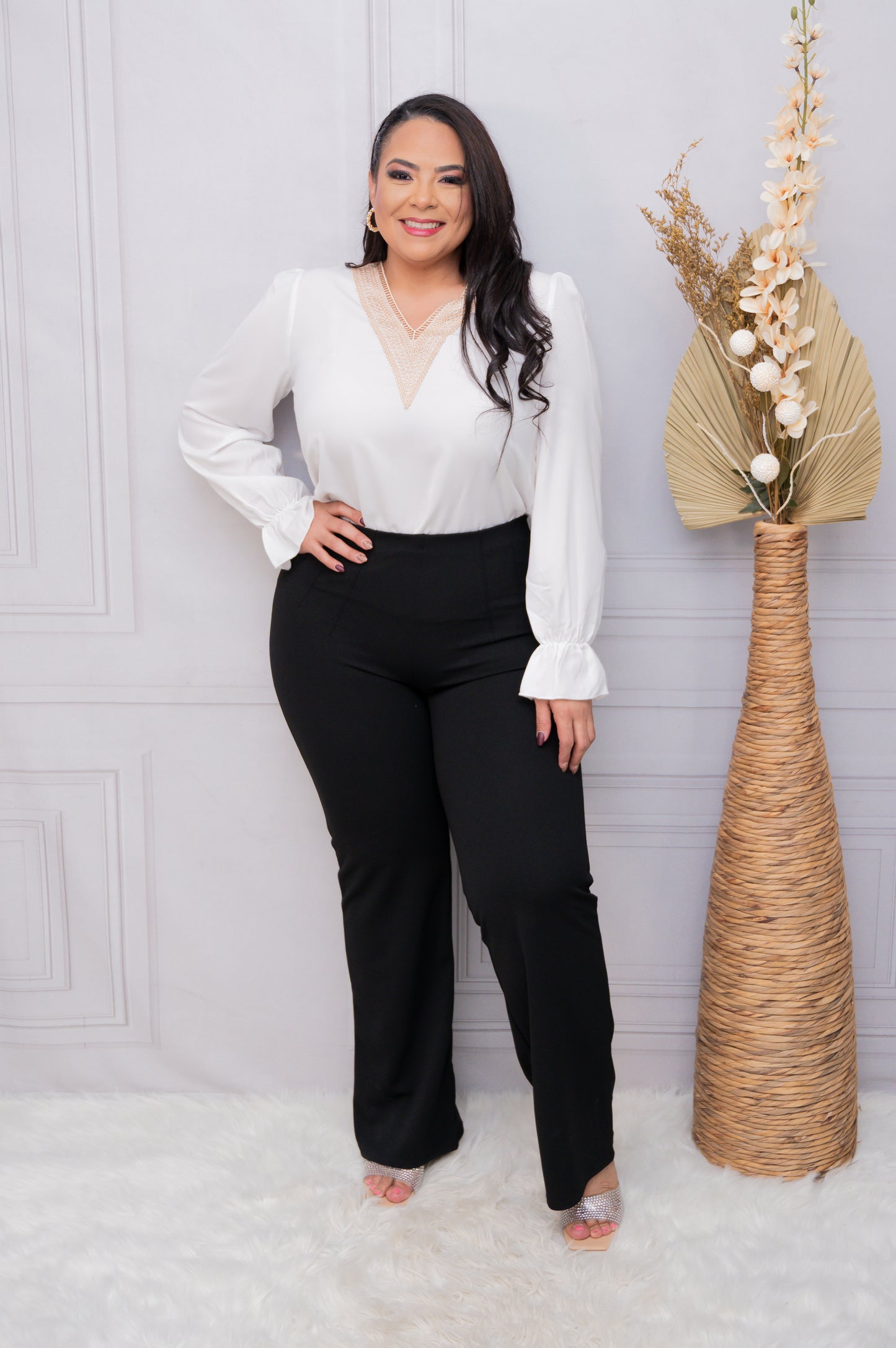 White Color Block Deep V Neck Lace Loose Fit Blouse