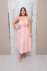 Peach Lace Midi Dress with Belt