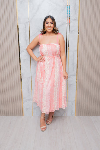 Peach Lace Midi Dress with Belt
