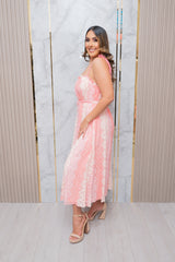 Peach Lace Midi Dress with Belt