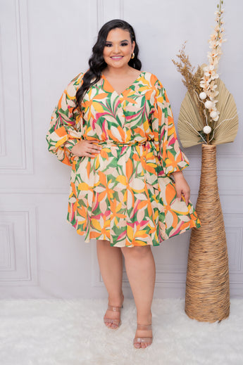 Green/Orange Printed Woven Long Sleeve Mini Dress