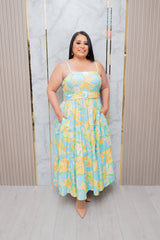 Blue/Yellow Printed Midi Dress with Smocked Back