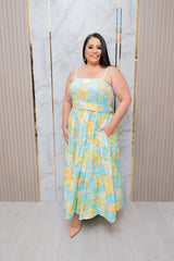 Blue/Yellow Printed Midi Dress with Smocked Back
