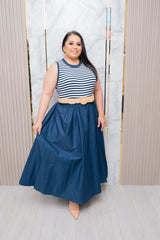 Navy/Mix Stripes Midi Dress with Belt
