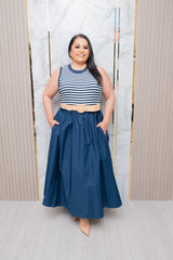Navy/Mix Stripes Midi Dress with Belt