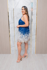 Navy Floral Print Pleated Halter Neck Dress