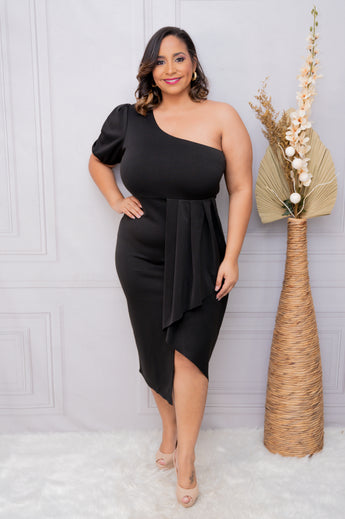 Black One Shoulder Puff Sleeve Pleated Dress