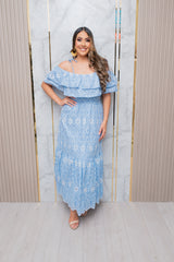 Blue Off Shoulder Eyelet Maxi Dress