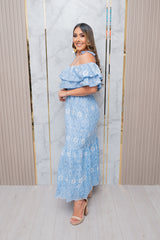 Blue Off Shoulder Eyelet Maxi Dress