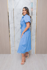 Blue Linen Lace Trim Bubble Sleeve Midi Dress