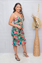 Black Floral Smocked Bodice with Front Knot Dress