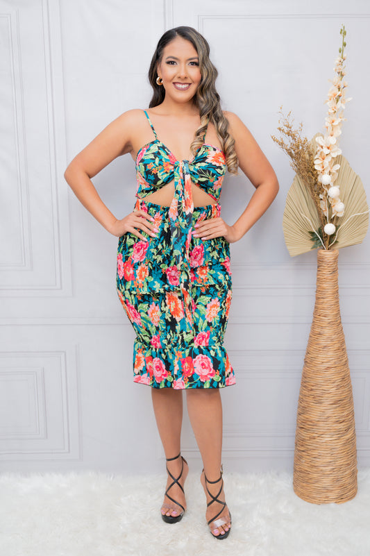 Black Floral Smocked Bodice with Front Knot Dress