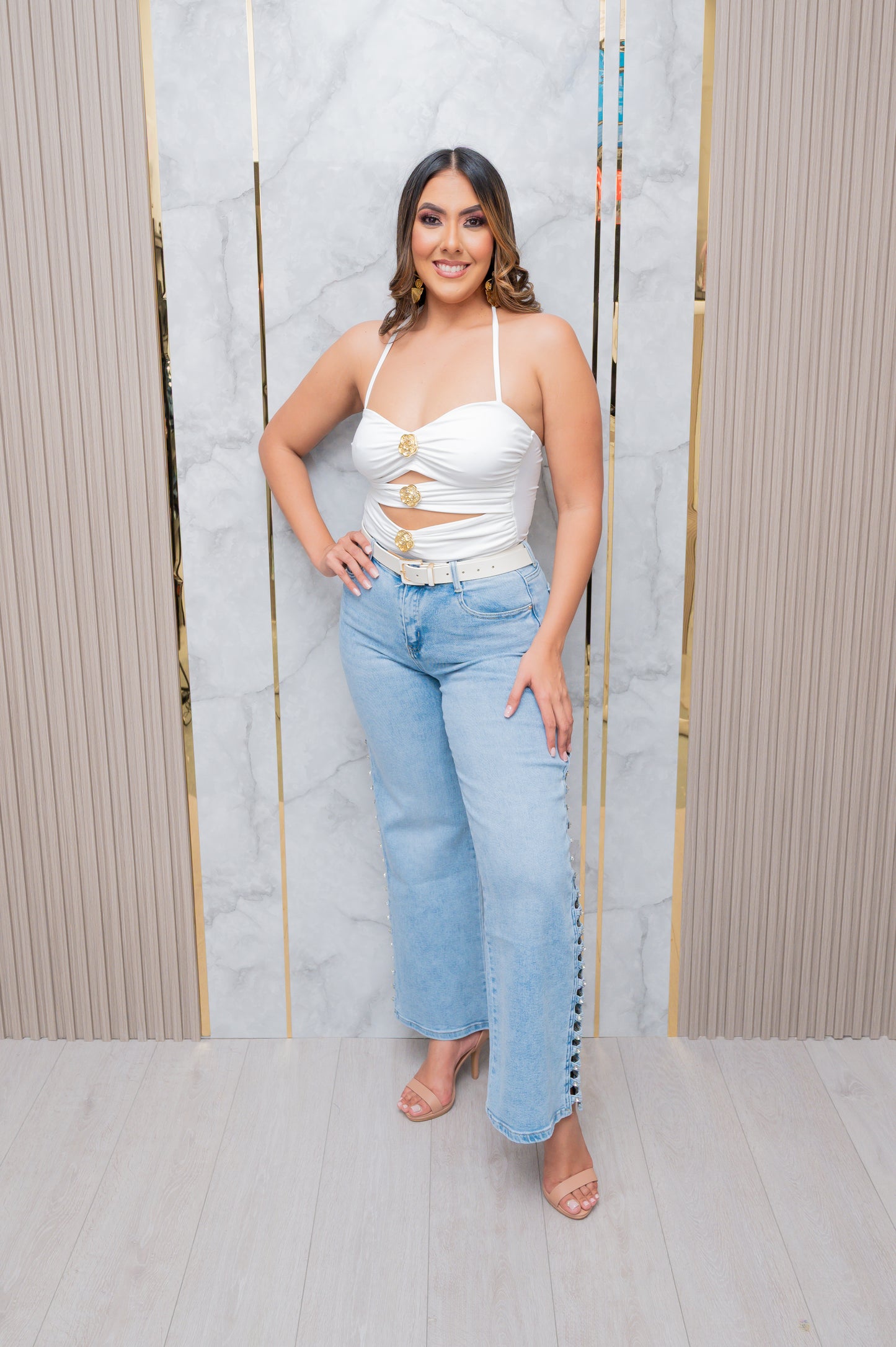 Light Wash Straight Leg Jeans with Rhinestone Side Cutout