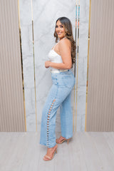Light Wash Straight Leg Jeans with Rhinestone Side Cutout