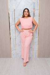 Salmon Pleated Chiffon Top and Wide Leg Pant Set