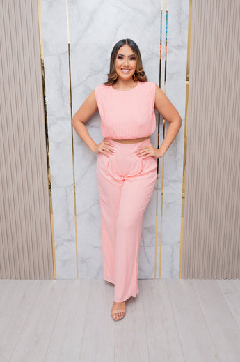 Salmon Pleated Chiffon Top and Wide Leg Pant Set