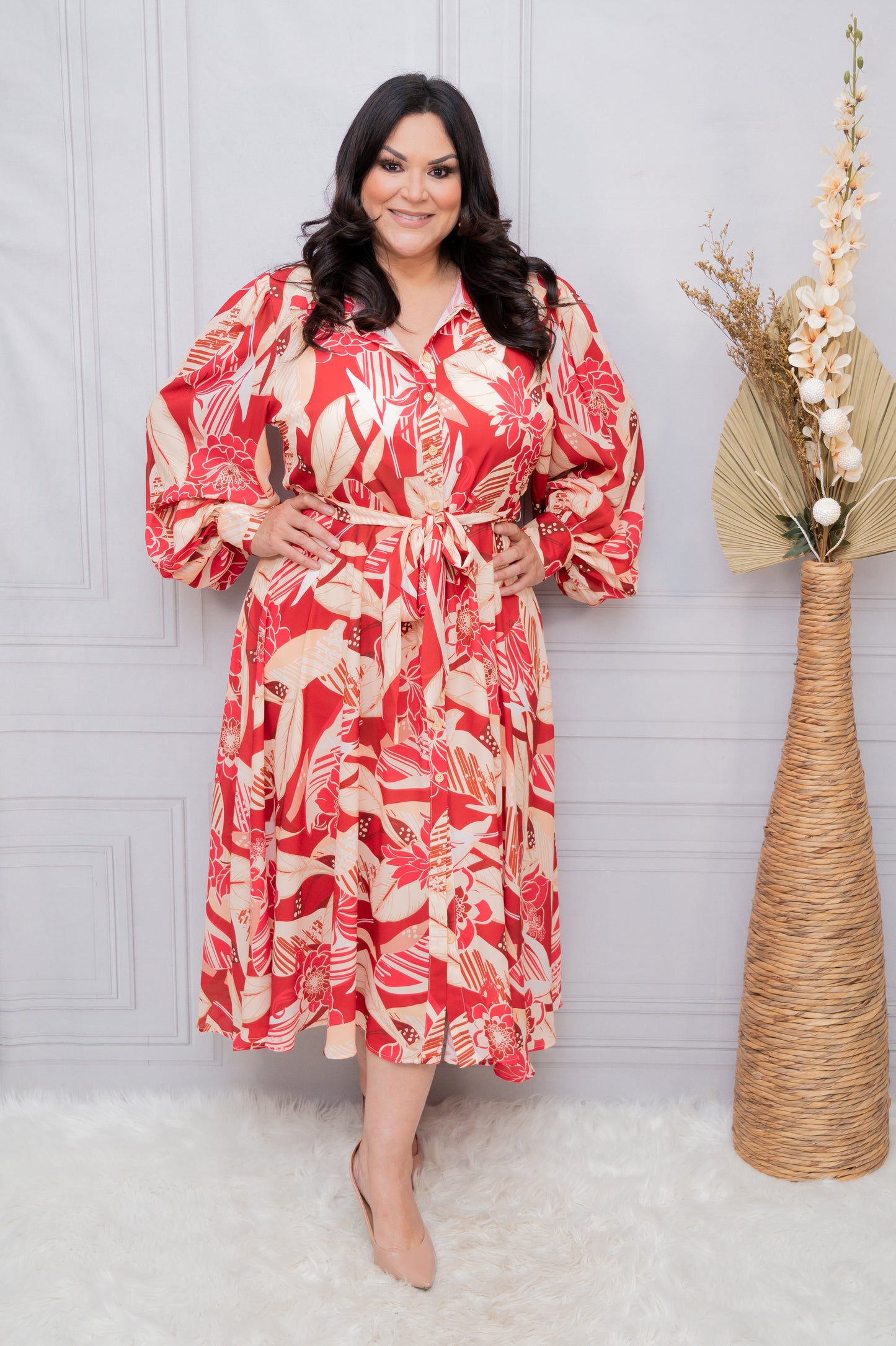 Burgundy Multi  Long Sleeve Midi Dress