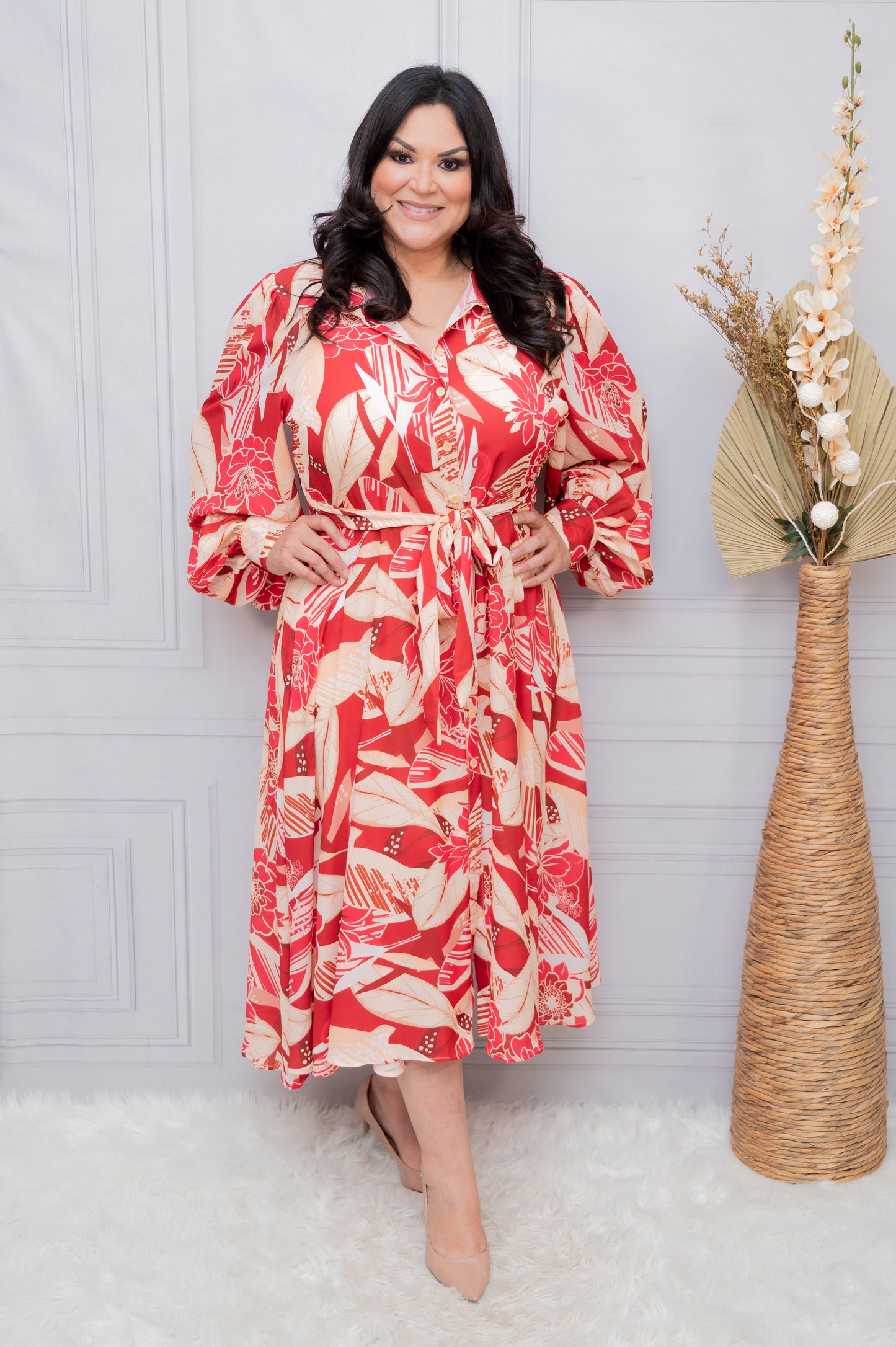 Burgundy Multi  Long Sleeve Midi Dress