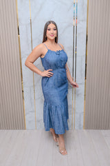 Denim Blue Loose Fit Front Tie Maxi Dress