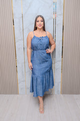 Denim Blue Loose Fit Front Tie Maxi Dress