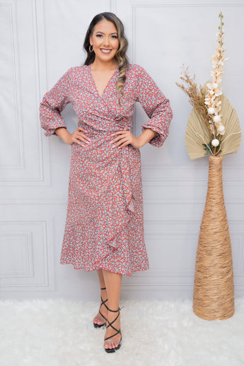 Red Floral Lightweight Ruffle Detail Midi Dress