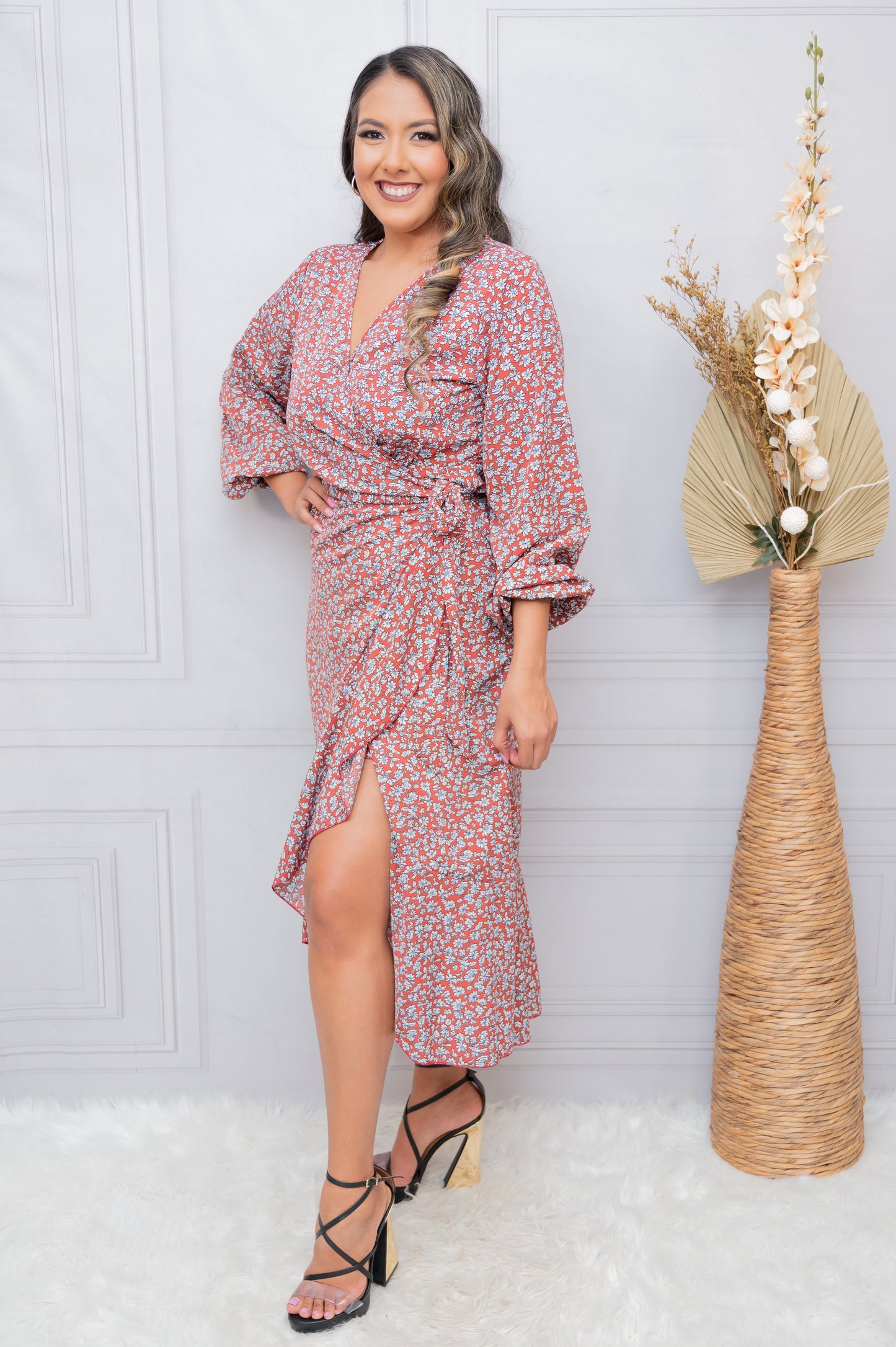 Red Floral Lightweight Ruffle Detail Midi Dress