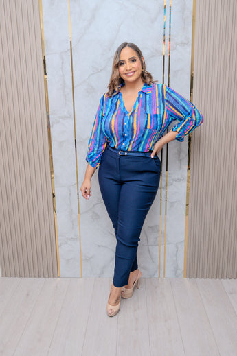 Blue Mesh Stripes Long Sleeve Blouse