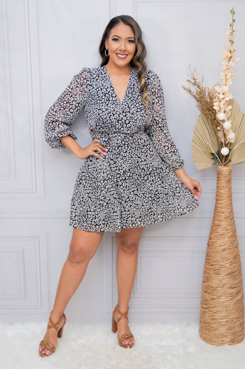 Black/White Animal Print Long Sleeve Flare Dress