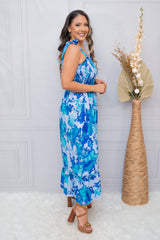 Blue Floral Smocked Waist Maxi Dress