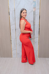 Red Sleeveless Waist Tie Jumper