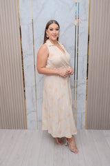 Beige Palm Print Button Down Midi Dress