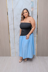 Blue Color Block Strapless Dress