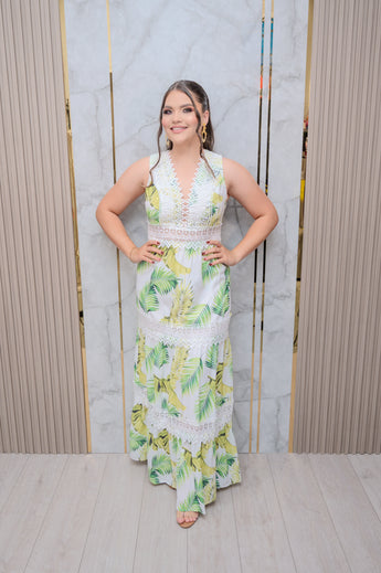 Green Lace Detail Tiered Maxi Dress
