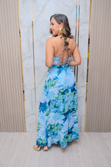 Blue Floral Cowl Neck Maxi Dress