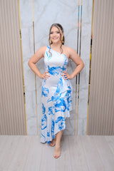 Blue Floral One Shoulder Midi Dress
