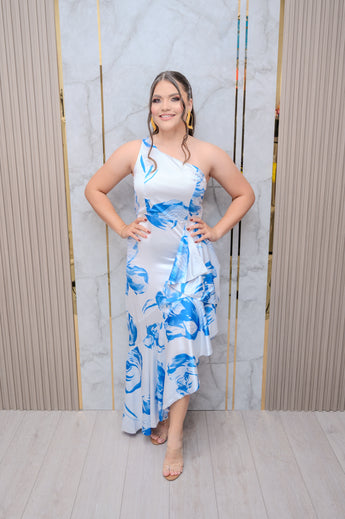 Blue Floral One Shoulder Midi Dress