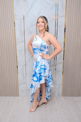 Blue Floral One Shoulder Midi Dress