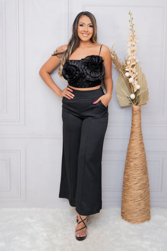 Black Double Corsage Sequins Detail Top