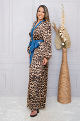 Leopard Print Long Sleeve Denim Detail Maxi Dress